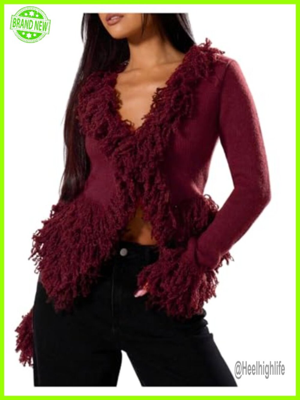 Fuzzy Trim Cardigan Sweater V Neck Long Sleeve Knit Women's